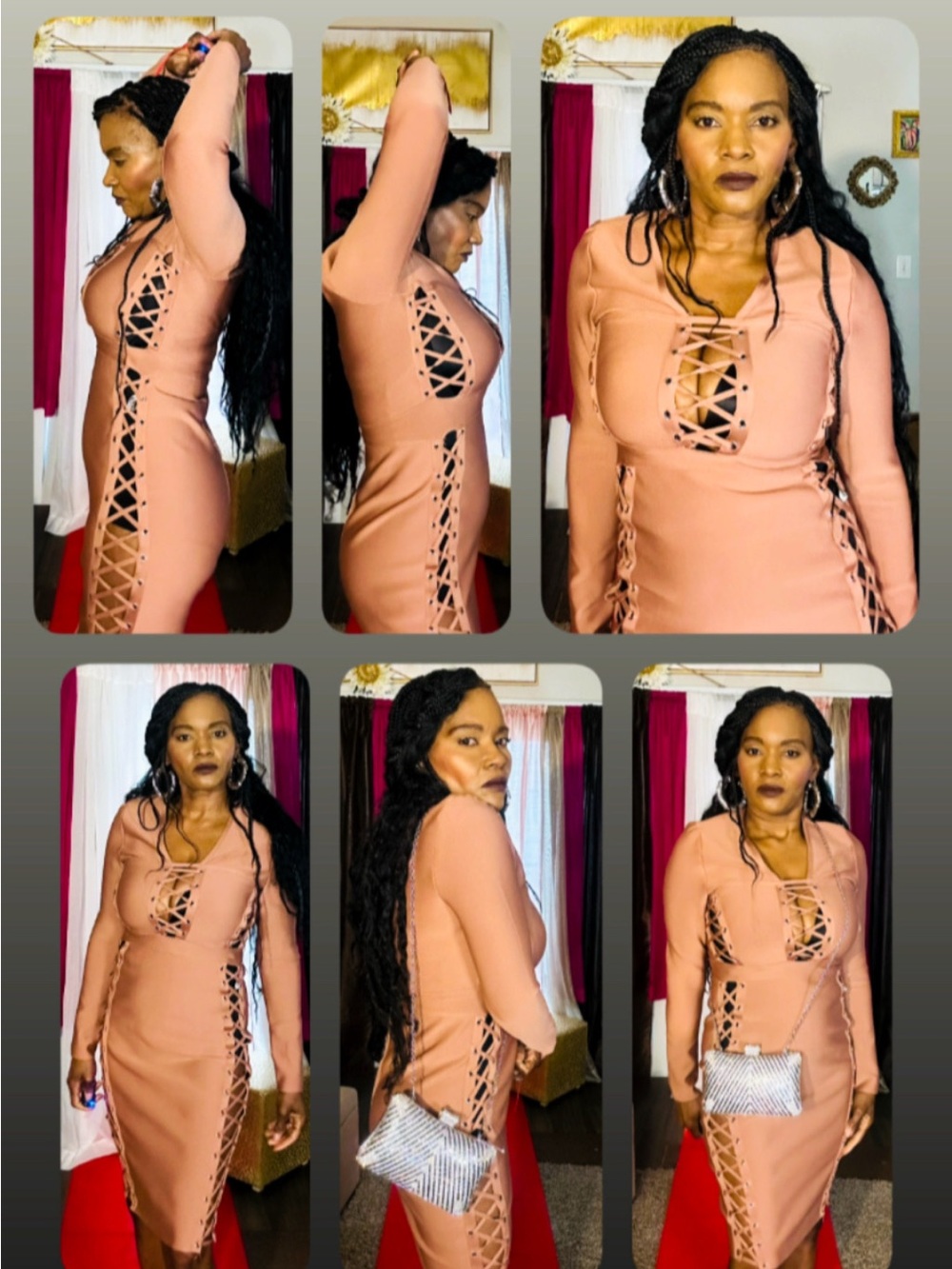 AKIRA “Don’t Need No Man Bandage Lace-Up Midi Dress” in Mauve.